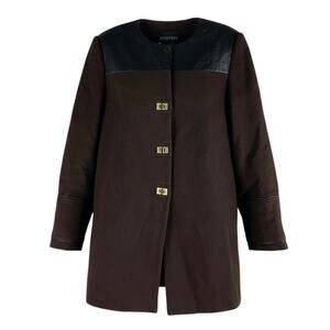 Etcetera Leather Trim Long Coat Jacket Turnlock Closure Brown Size 6
